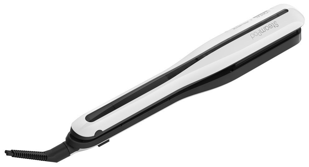 White and black hair straightener. SteamPod model. Black cord on the left.