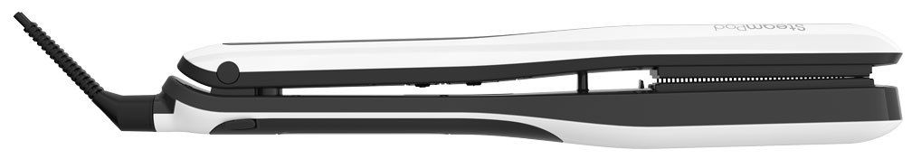 A white and black hair straightener.