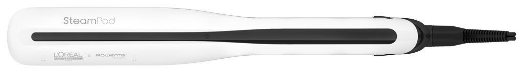 White and black hair straightener with a curved design and the SteamPod logo.