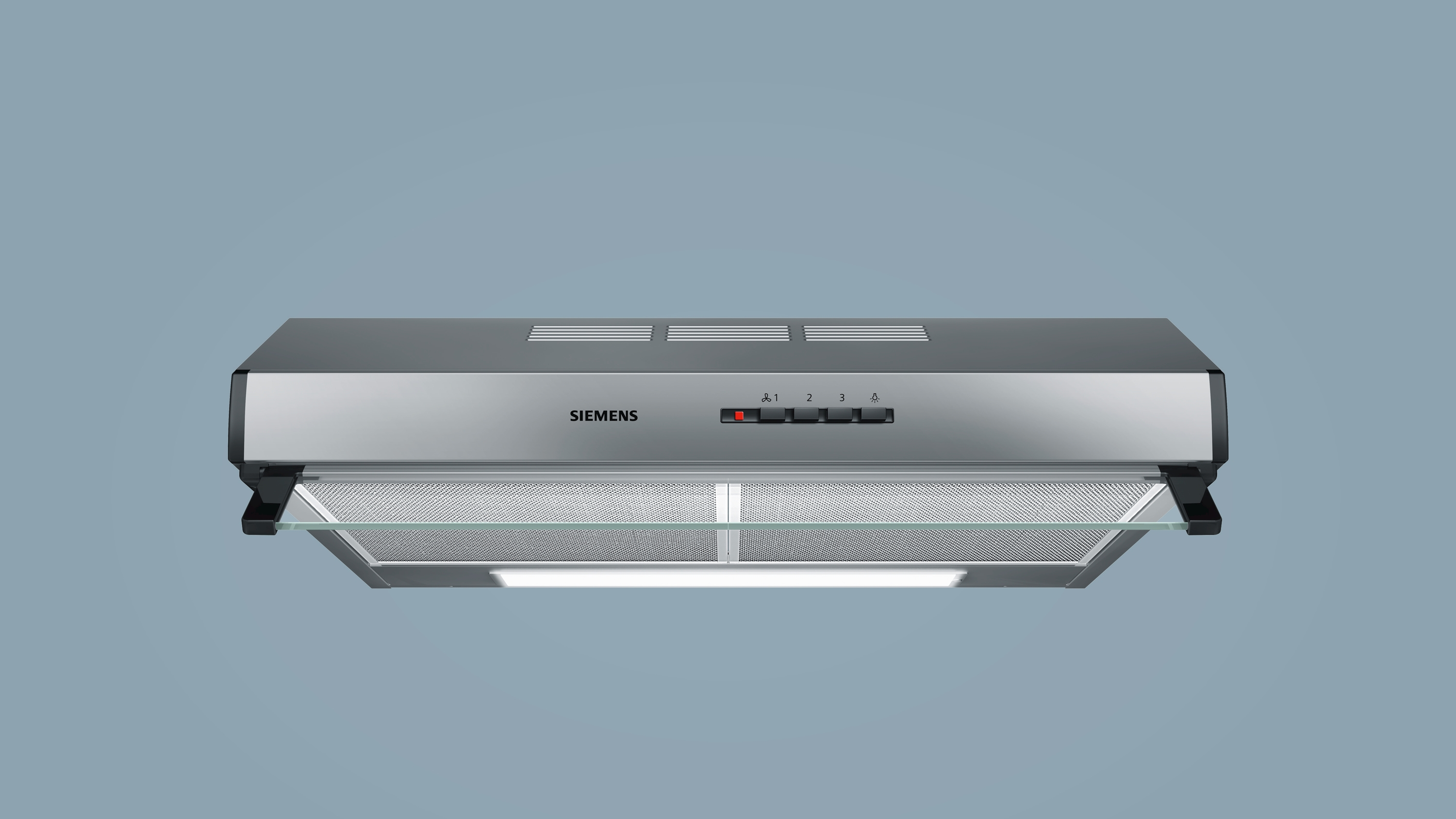 Silver range hood with buttons and a glass panel, on a light blue background.