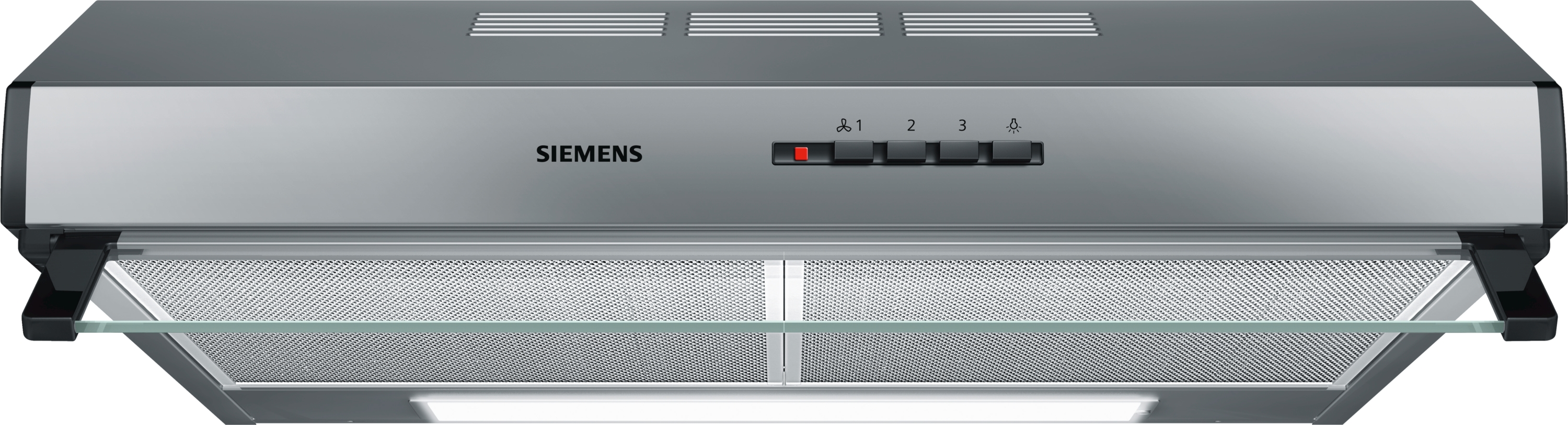 Silver Siemens range hood with control buttons and a glass panel. Air vents are at the top.