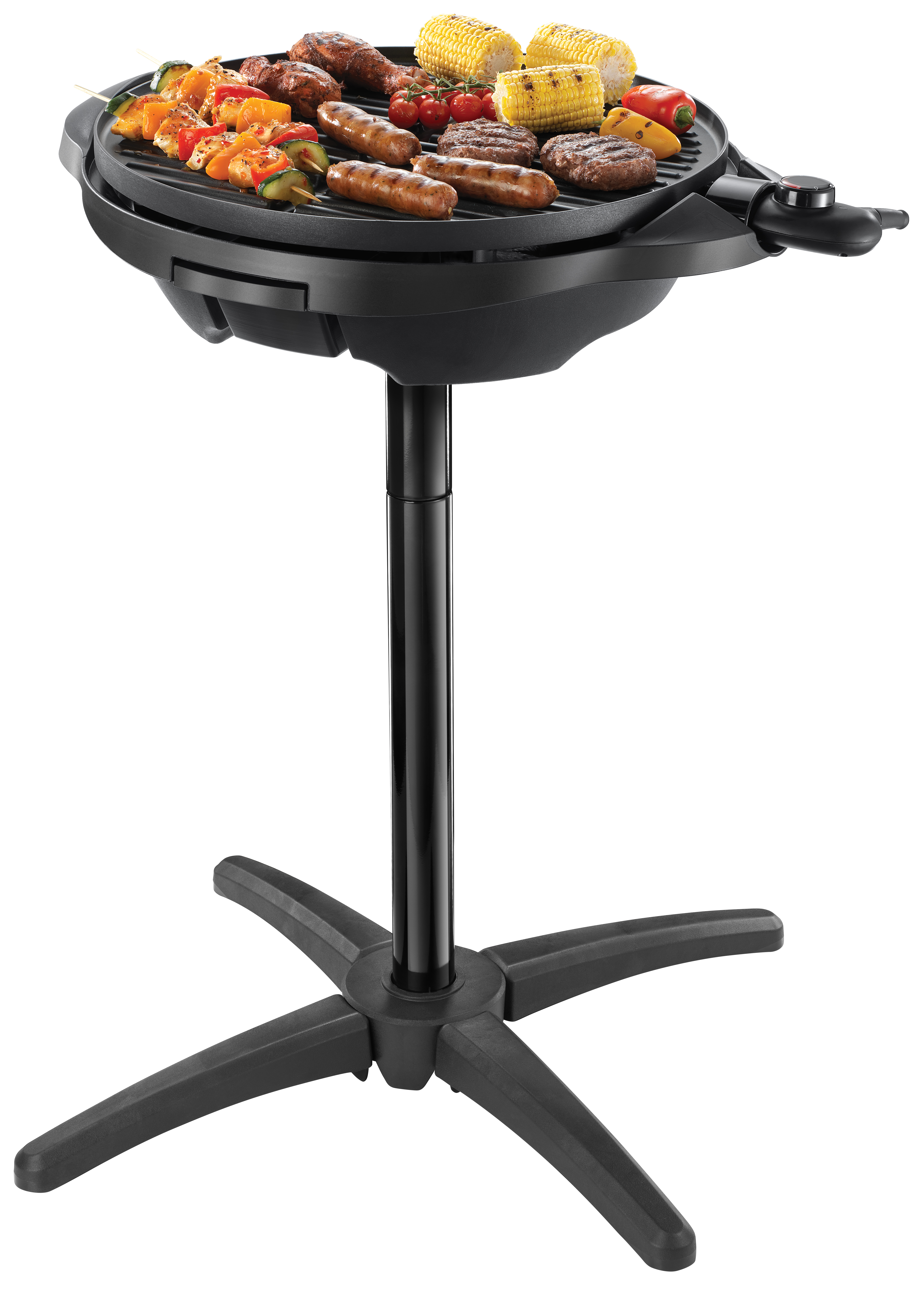 Fekete elektromos grill állvánnyal, különféle ételekkel.