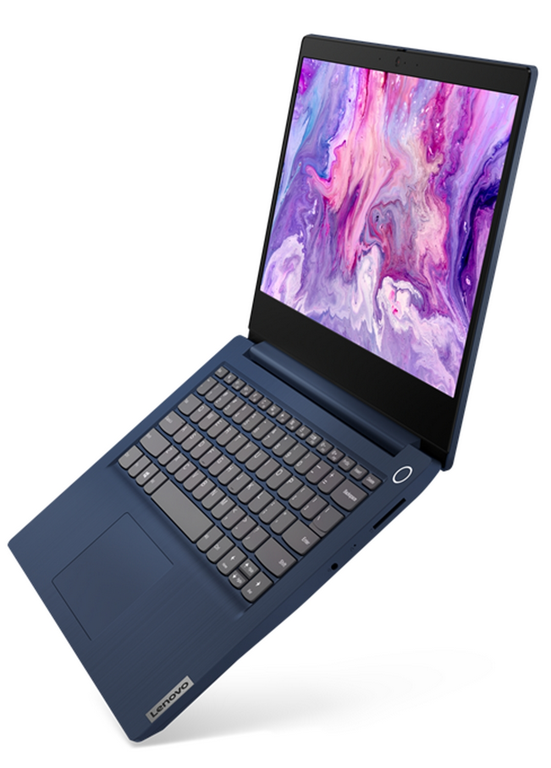 Laptop azul con pantalla colorida, abierto sobre fondo blanco.
