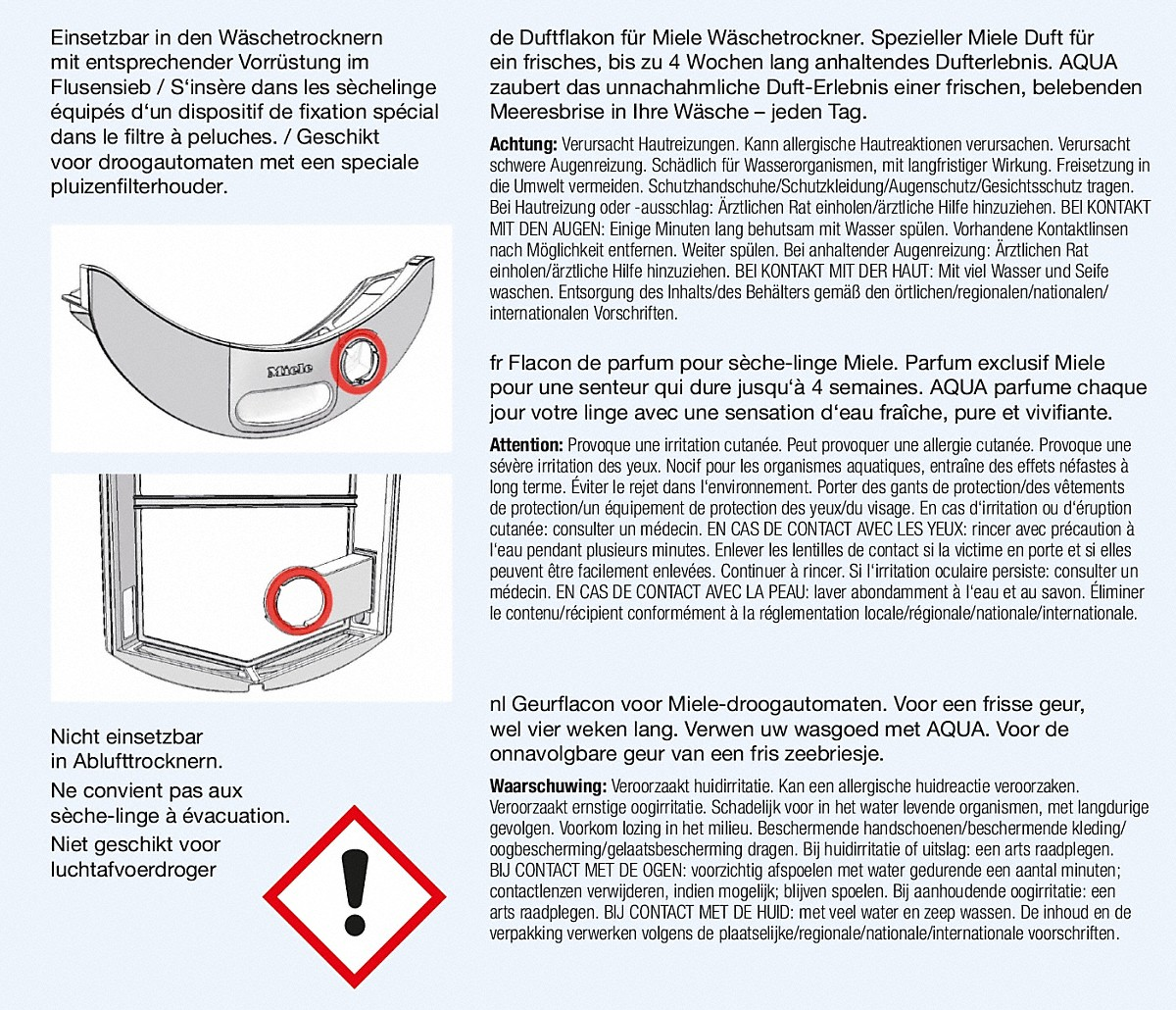 Warning text on a label, with an exclamation mark symbol. Text is in multiple languages including French and Dutch.