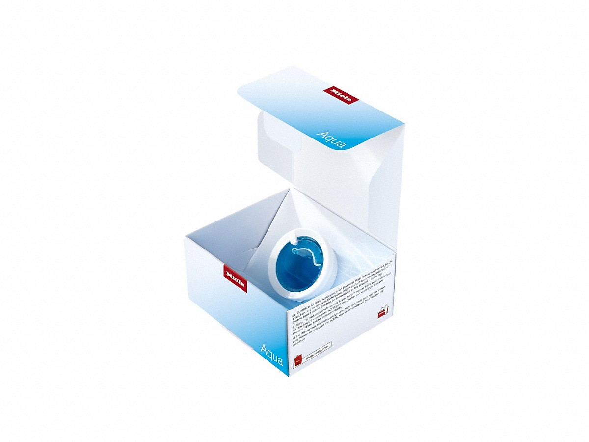 A blue Miele Aqua washing machine detergent pod in a box with text.