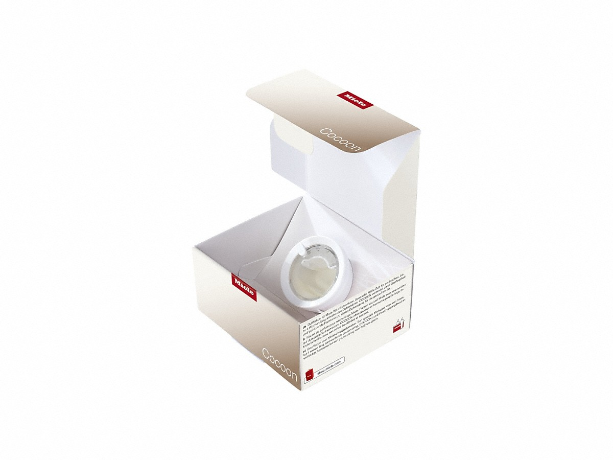 An open white box with a Miele product inside, on a white background.
