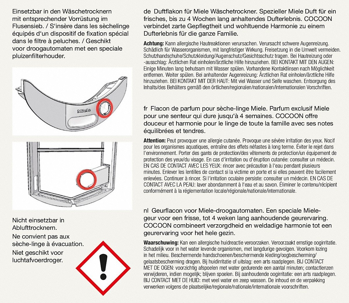 A perfume diffuser for washing machines with warning symbols and instructions.