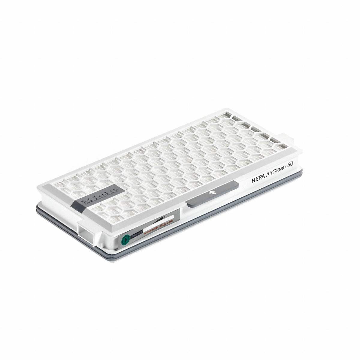 Witte HEPA AirClean 50-filter, schuine weergave. De filter heeft een honingraatstructuur en het merk 'Miele'.