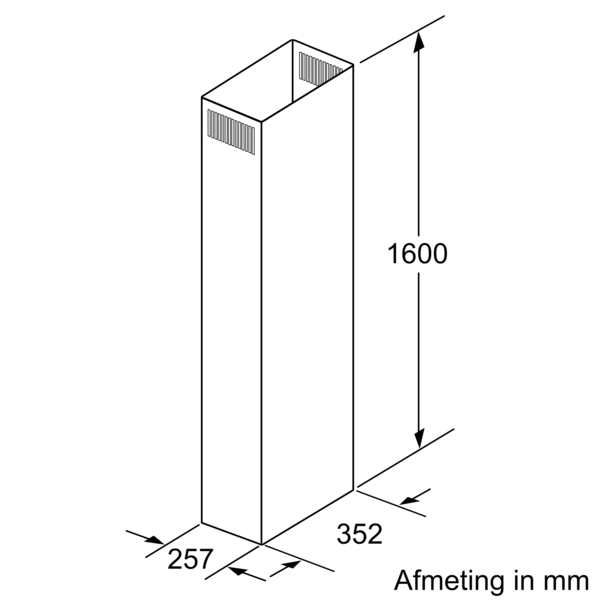 Diagram of a rectangular vertical structure with dimensions. It has vents. Height is 1600mm, base is 257x352mm. Text: Afmeting in mm.