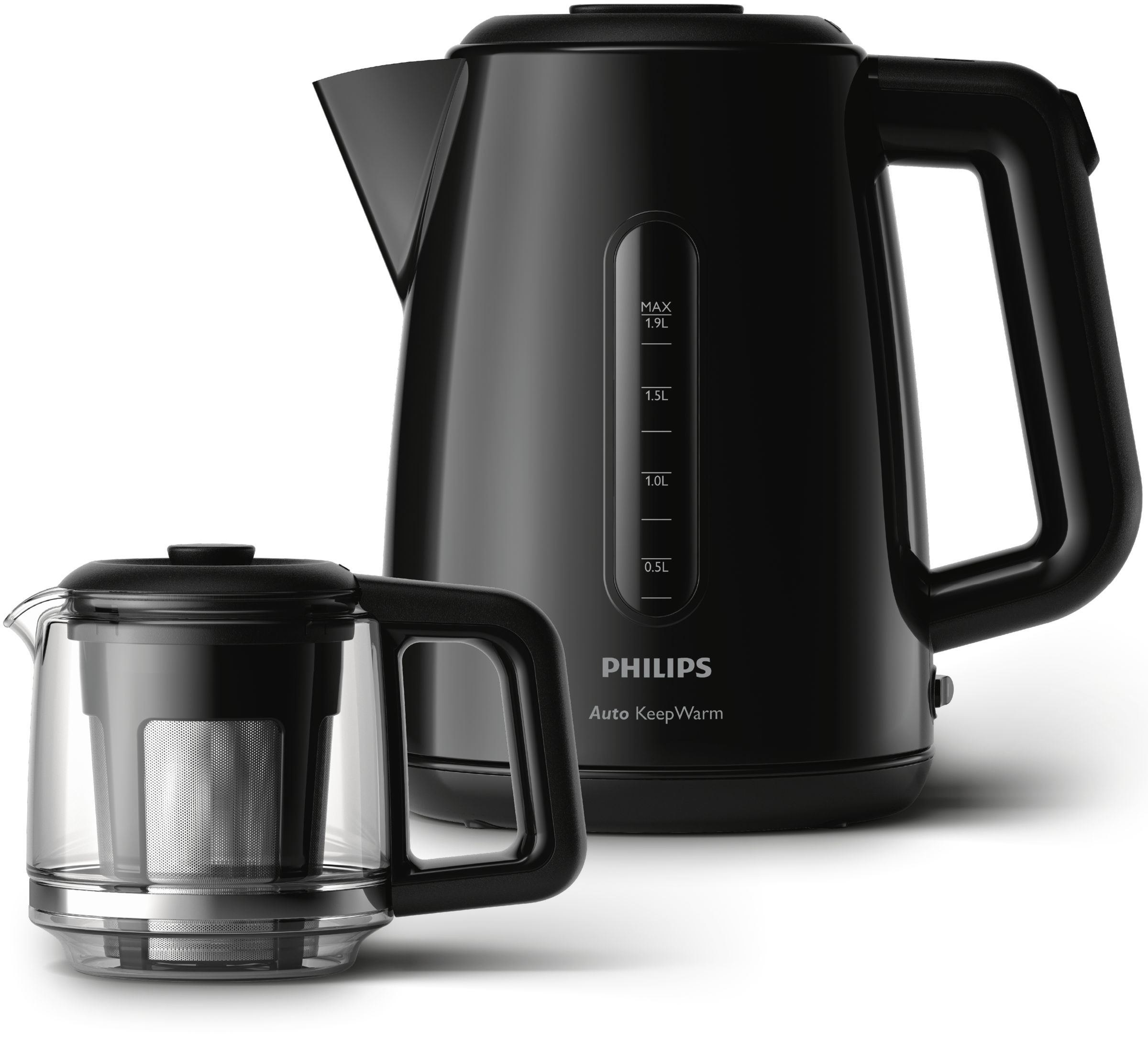 İki siyah Philips su ısıtıcısı, biri cam çay demleyici ile. Su ısıtıcısında su seviyesi göstergesi var.