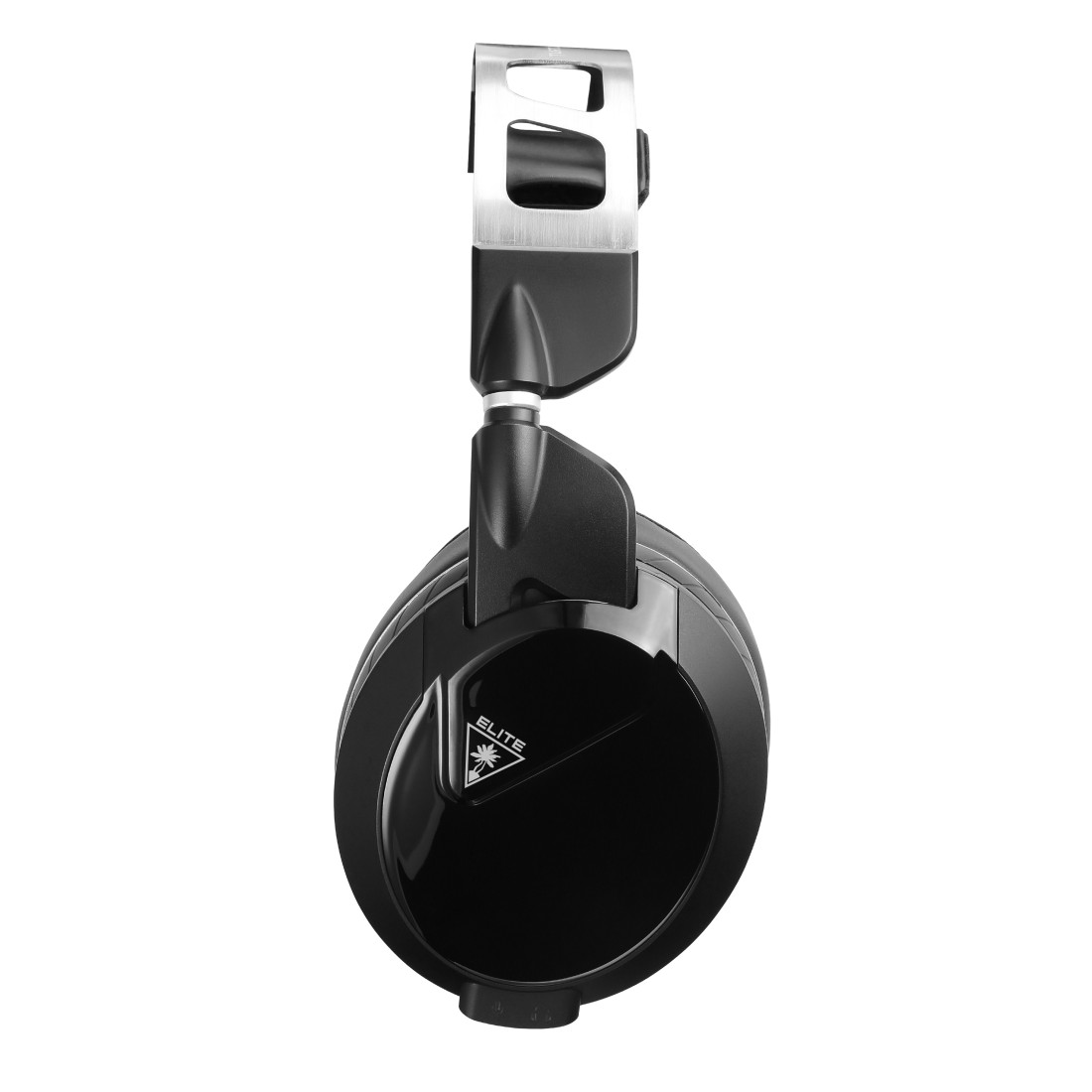 Schwarzes Headset, Seitenansicht, mit silbernem Bügel, vor weißem Hintergrund.