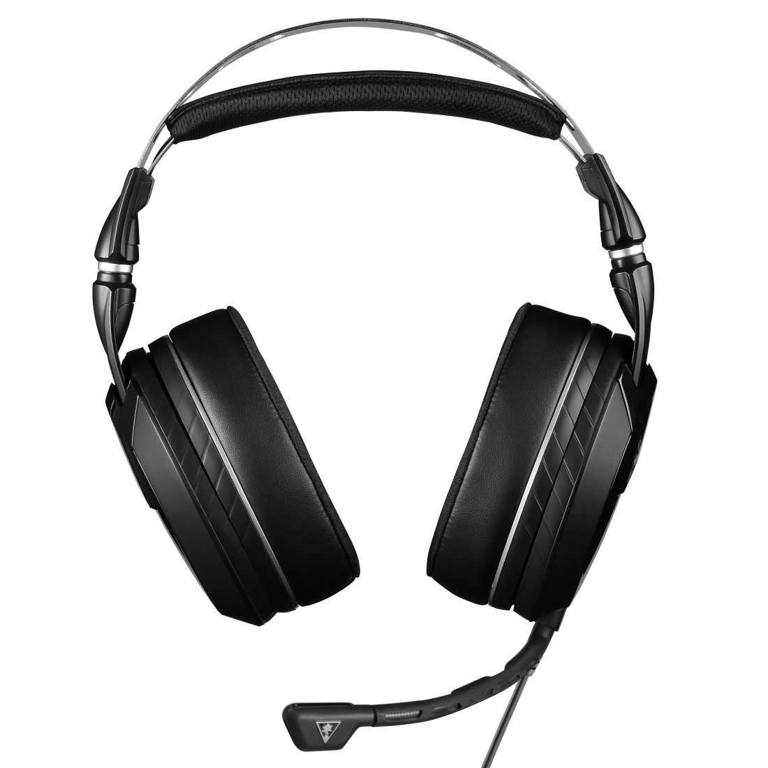 Schwarzes Headset mit Mikrofon, von oben gesehen. Die Ohrmuscheln sind groß und angewinkelt.