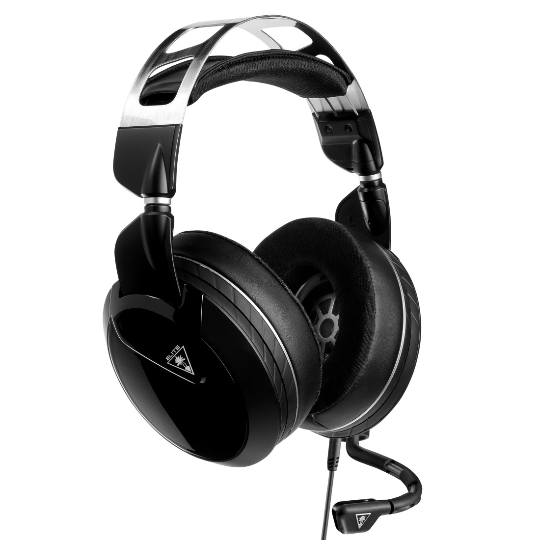 Schwarzes Gaming-Headset mit Mikrofon und silbernen Akzenten.