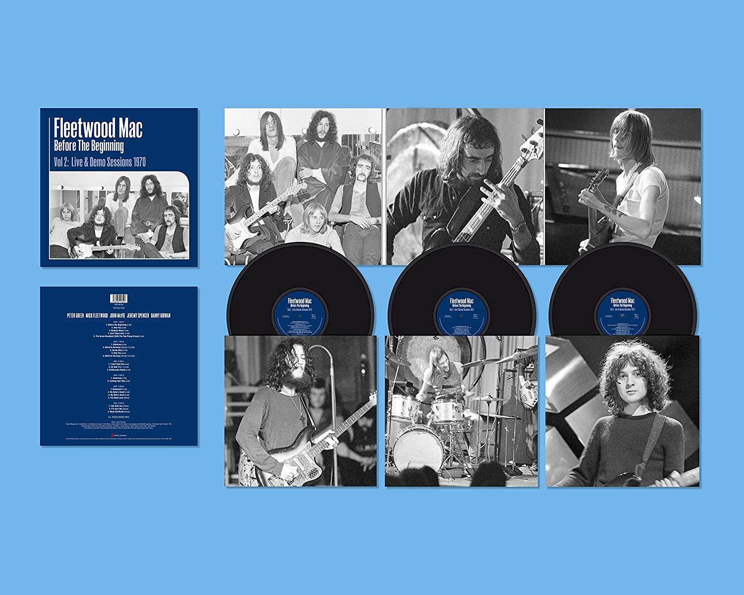 Fleetwood Mac tagokkal, bakelitlemezekkel és élő fotókkal ellátott album borítója kék háttéren.