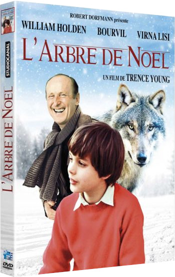 Pochette DVD de 'L'Arbre de Noël', avec des acteurs et un loup dans une scène enneigée.