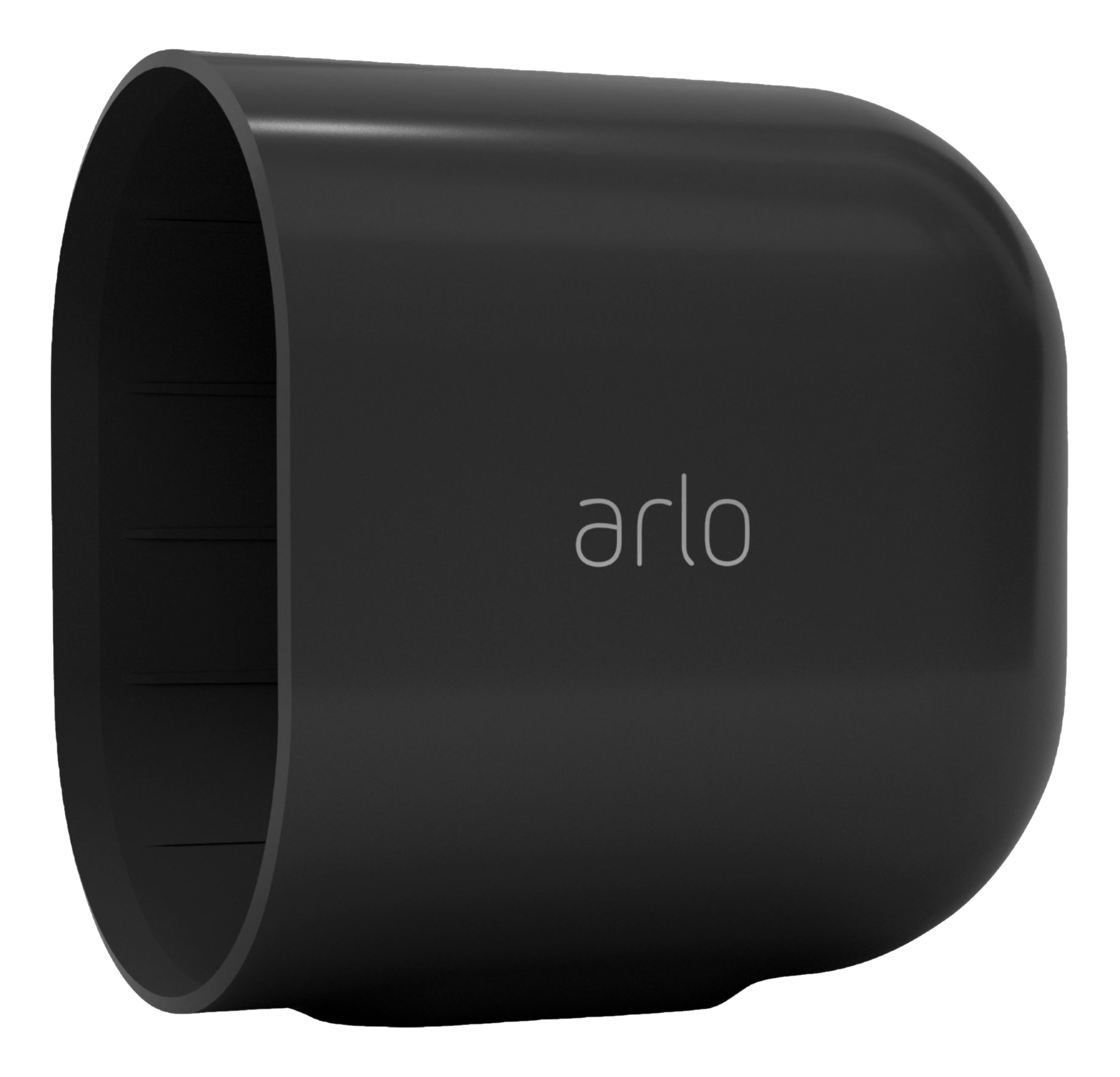 Schwarzes, zylindrisches Gerät mit dem Wort 'arlo' in Weiß. Es hat ein offenes Ende und eine abgerundete Rückseite.