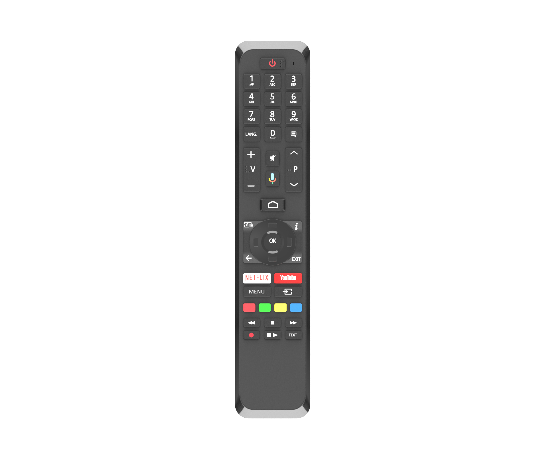 Eine schwarze Fernbedienung mit Tasten, darunter Netflix und YouTube.