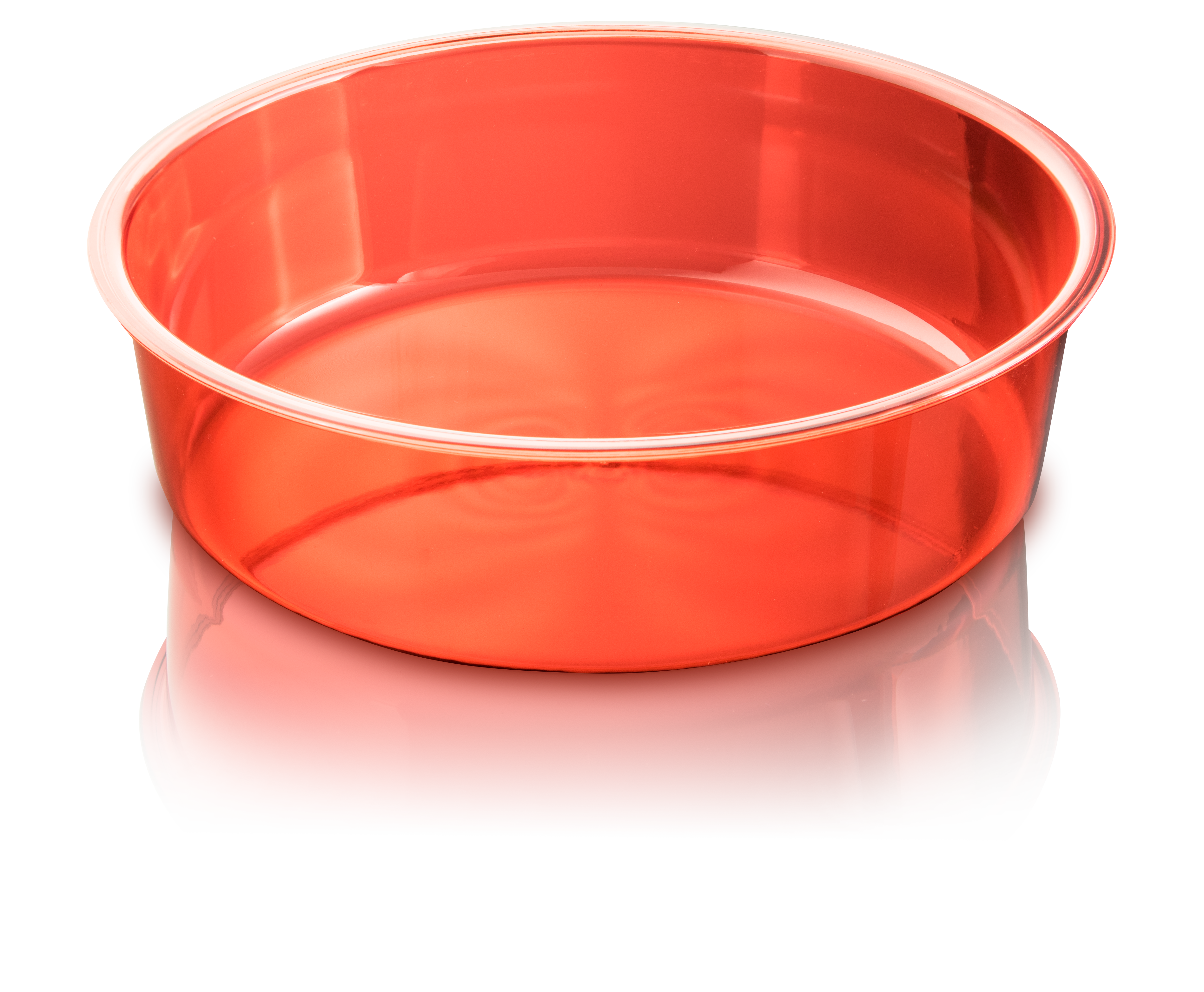 Eine offene rote Plastikschüssel mit glatter, reflektierender Oberfläche.
