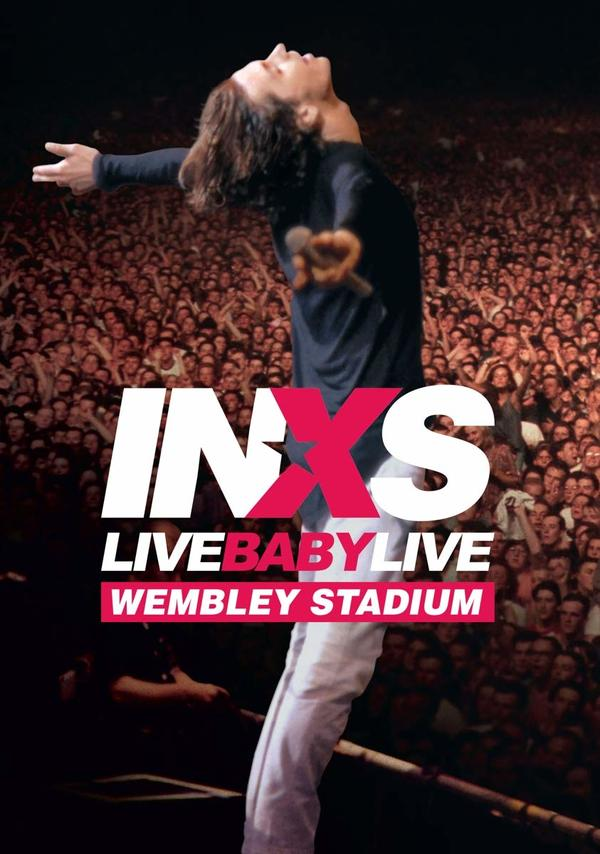 INXS Live Baby Live albumhoes met een zanger op het podium.