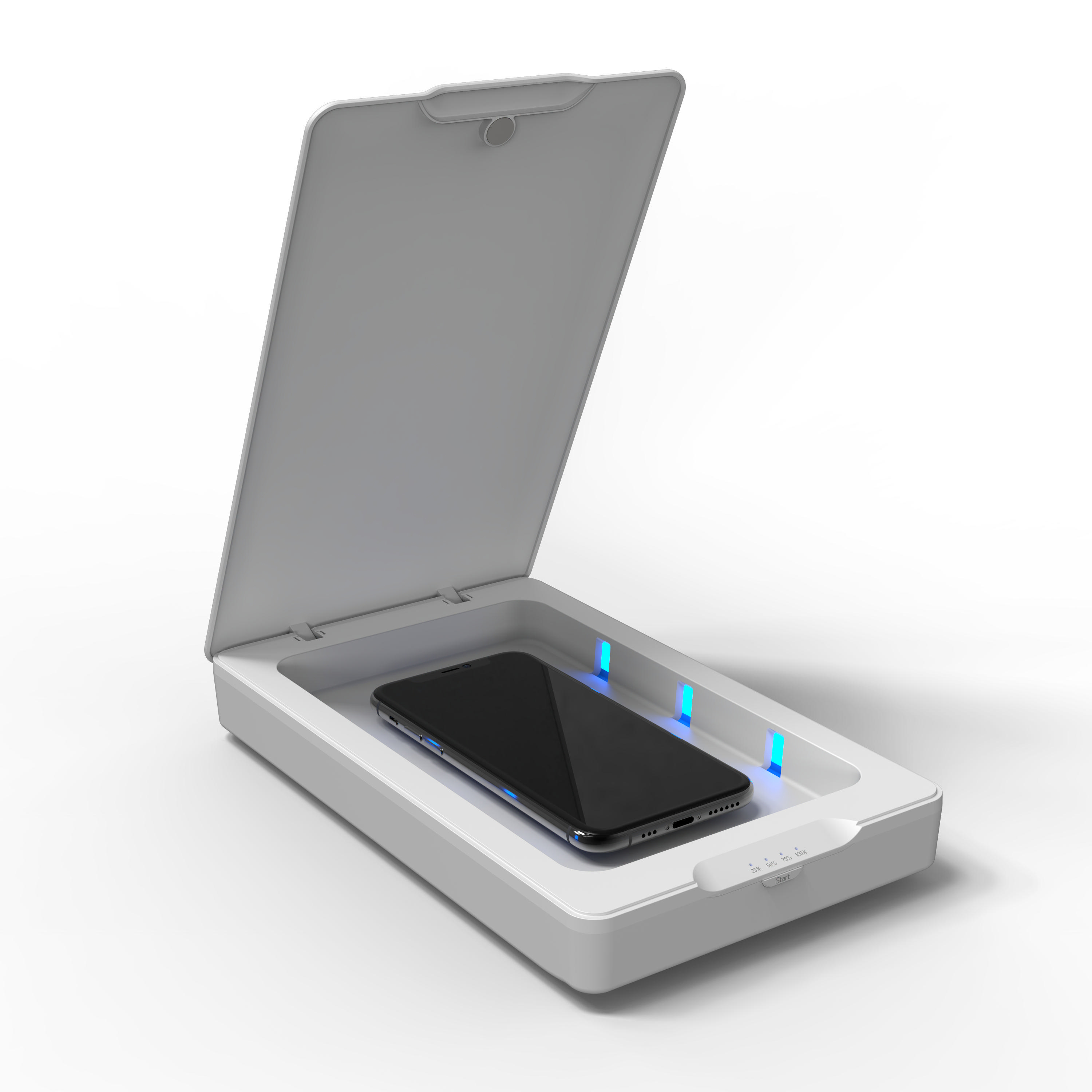 Weißer UV-Telefonsterilisator mit einem Telefon darin.