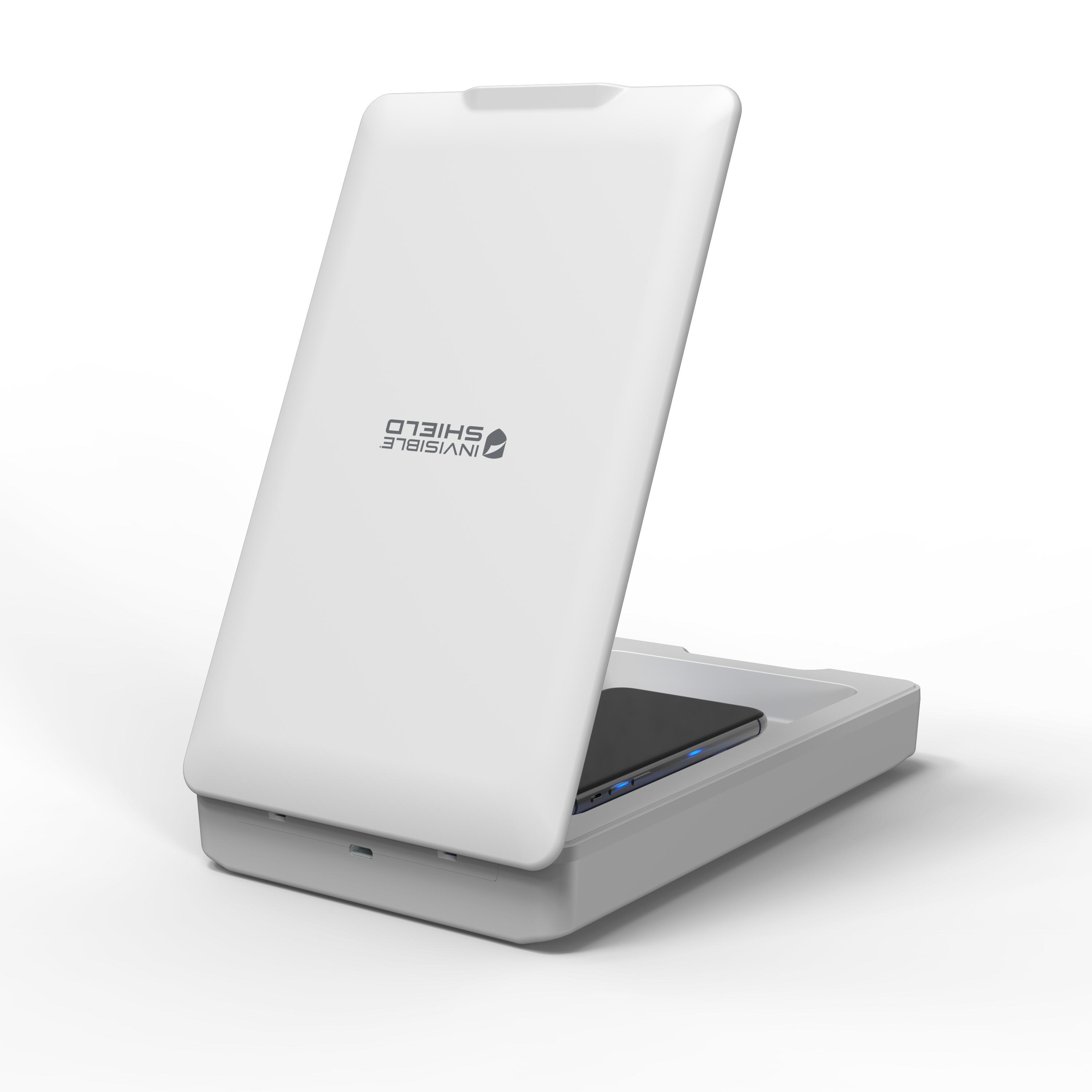 Ein weißes Gerät mit einem Telefon im Inneren, das zur Desinfektion bestimmt ist, mit dem Logo 'INVISIBLE SHIELD'.