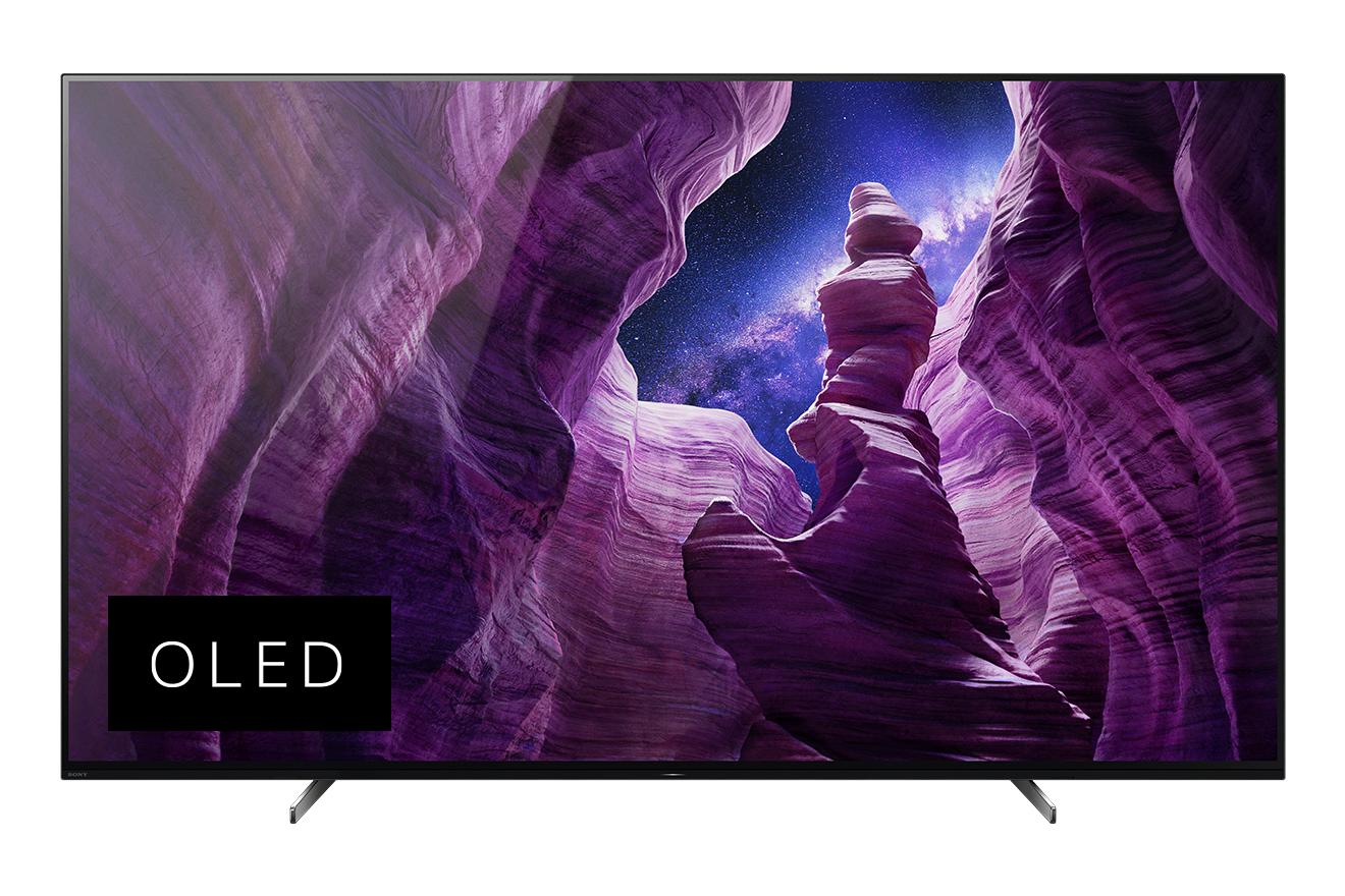 OLED-Fernseher, der eine Landschaft mit lila Felsformationen anzeigt.