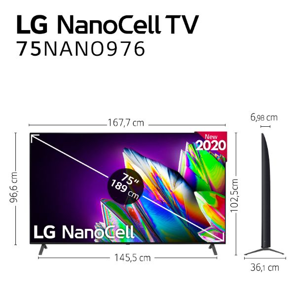 TV LED 75" - LG 75NANO976NA, 8K UHD NanoCell, IA, Procesador Inteligente α9 Gen3, 100% HDR, BT5.0, WiFi