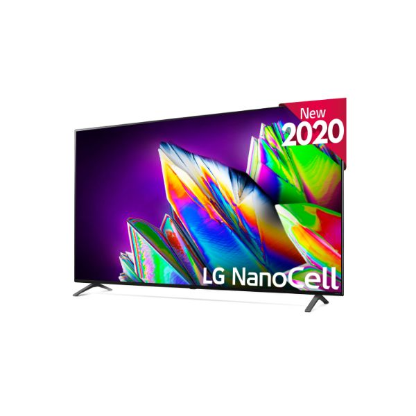 Televisor de pantalla plana grande sobre un soporte, con una imagen colorida y una etiqueta New 2020.
