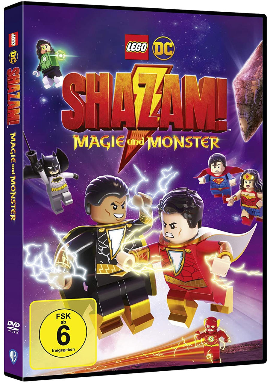 DVD-Cover mit Lego Shazam-Figuren in Aktion. Text enthält 'Shazam!'. Bunter Hintergrund.