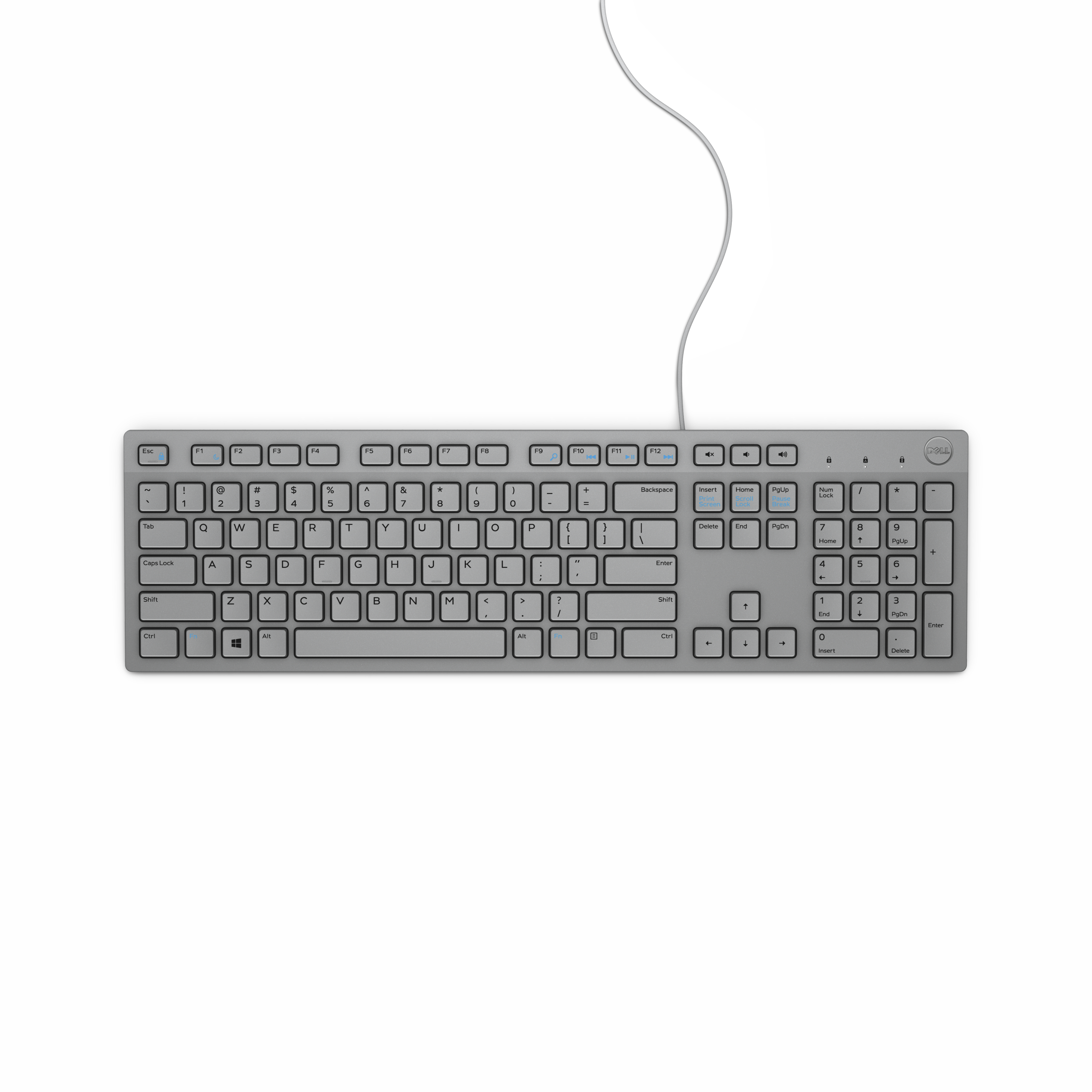 Eine graue Dell-Tastatur mit weißen Tasten und einem weißen Kabel auf weißem Hintergrund.