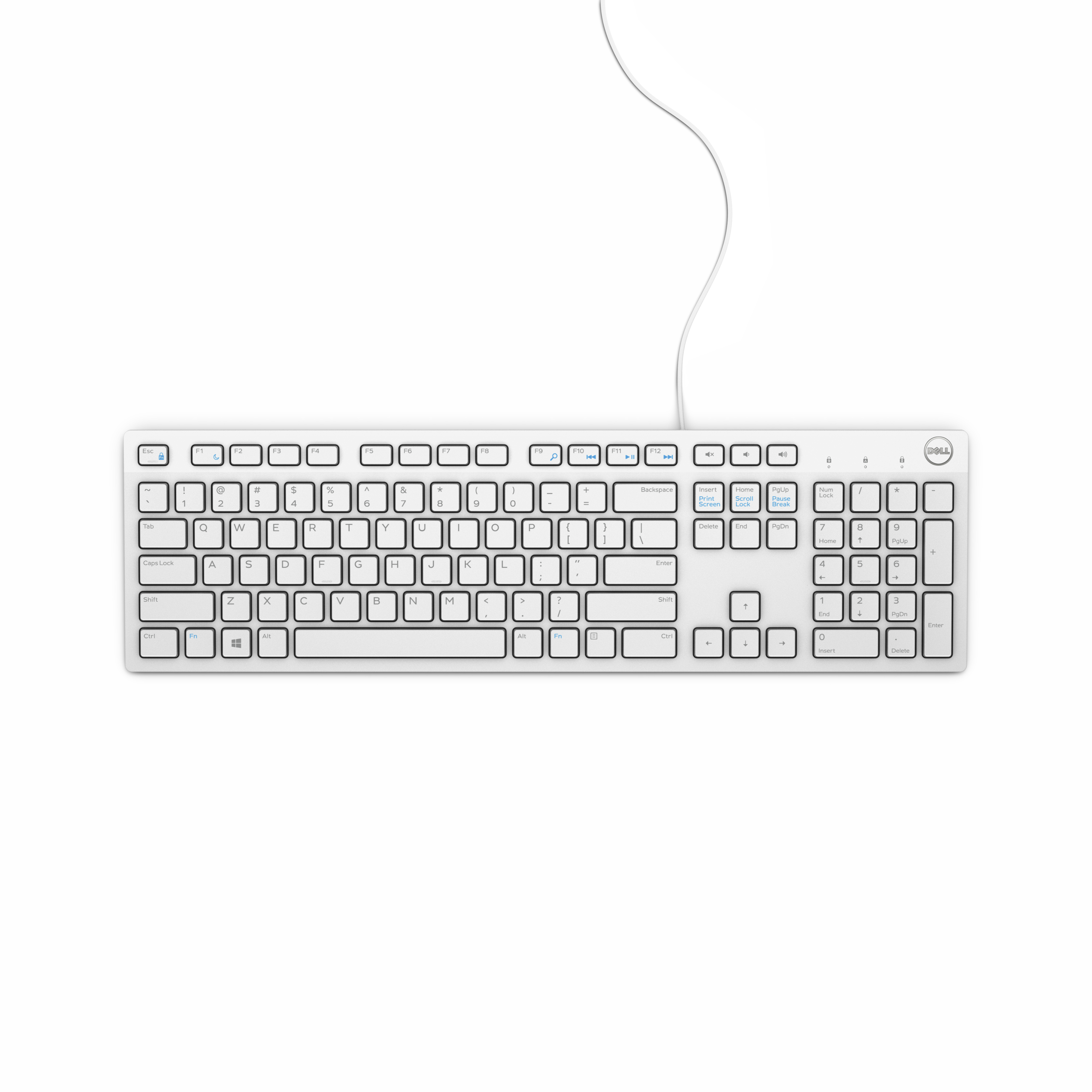 Ein weißes Dell-Tastatur mit Kabel auf weißem Hintergrund.