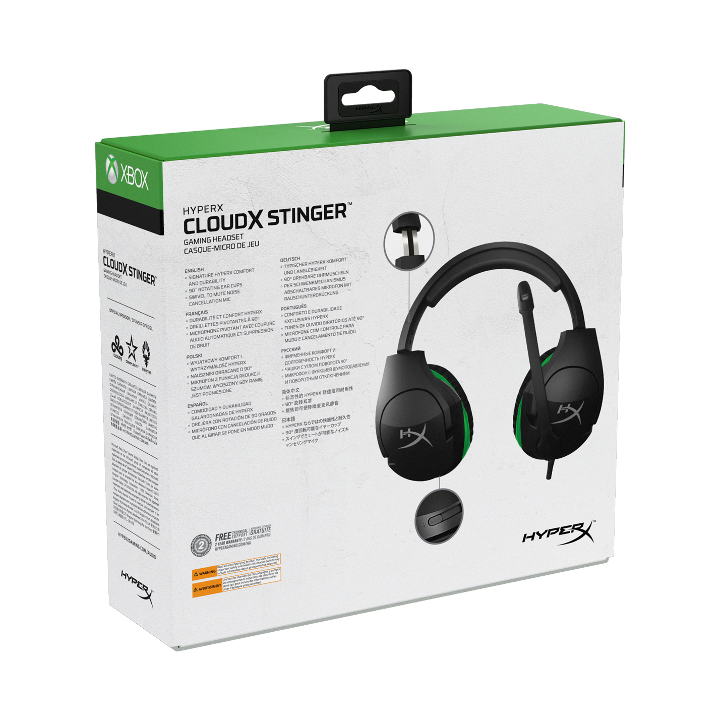 Headset-Box. Schwarzes Headset mit grünen Akzenten, Text in mehreren Sprachen.