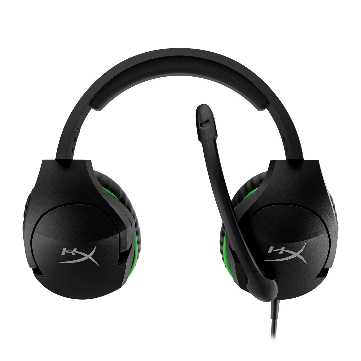 Schwarzes und grünes Gaming-Headset. Das Headset hat ein Mikrofon und befindet sich auf weißem Hintergrund.