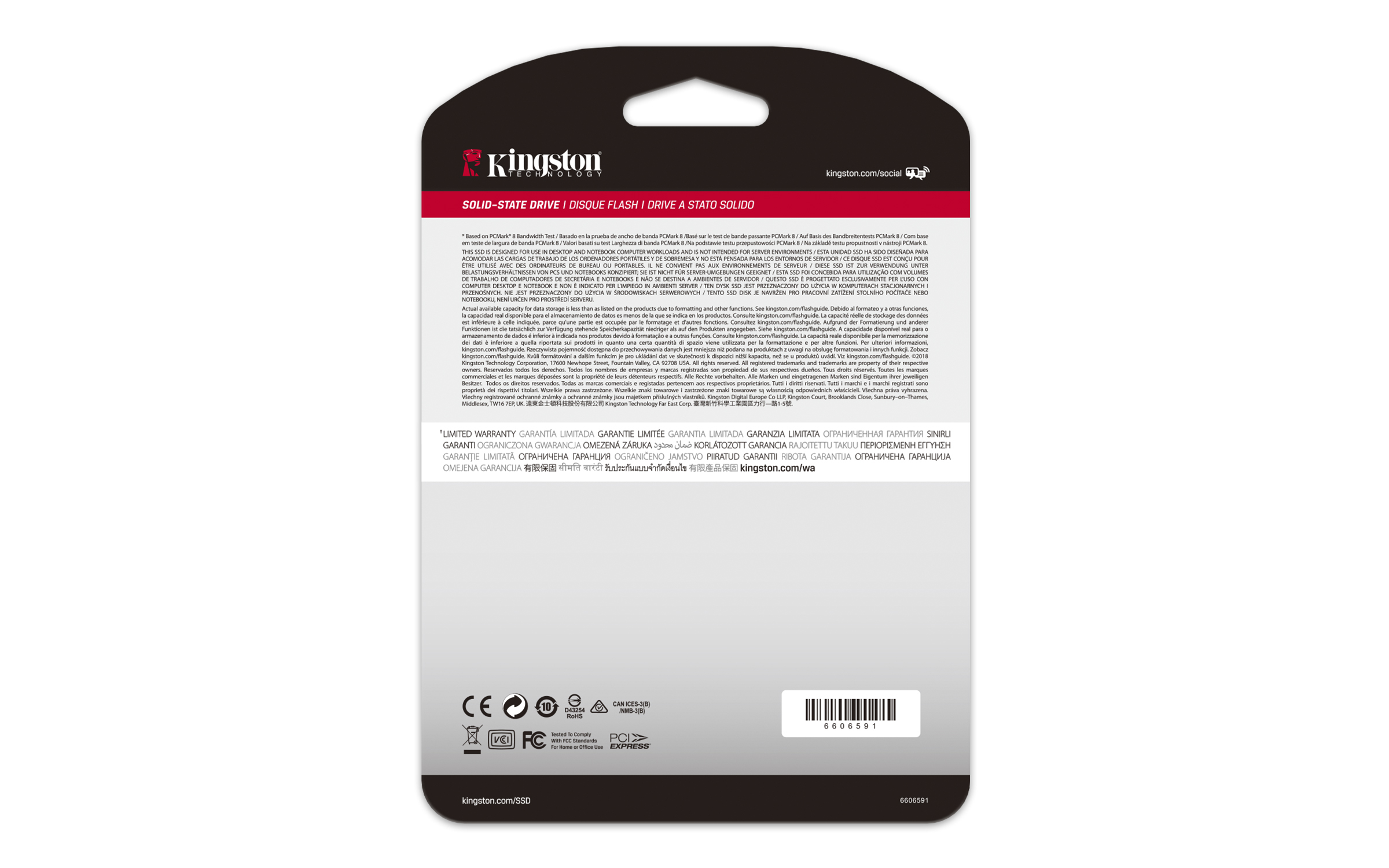 Die Rückseite einer Kingston-Solid-State-Drive-Verpackung mit Text und Logos.