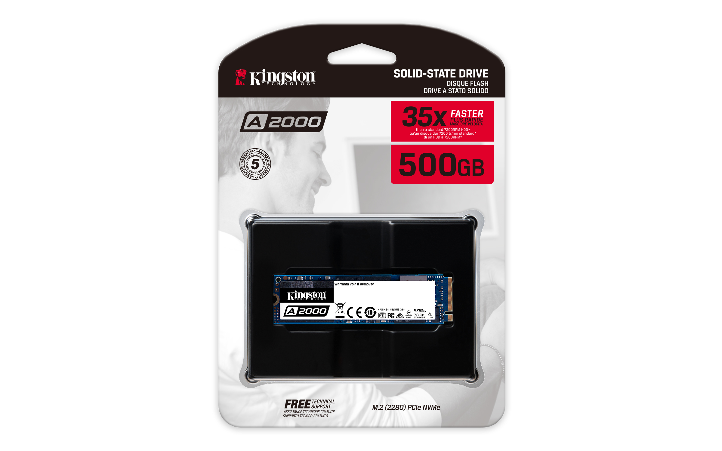 SSD-Verpackung mit Text 'A 2000', '500GB' und eine Solid-State-Festplatte im Blister.