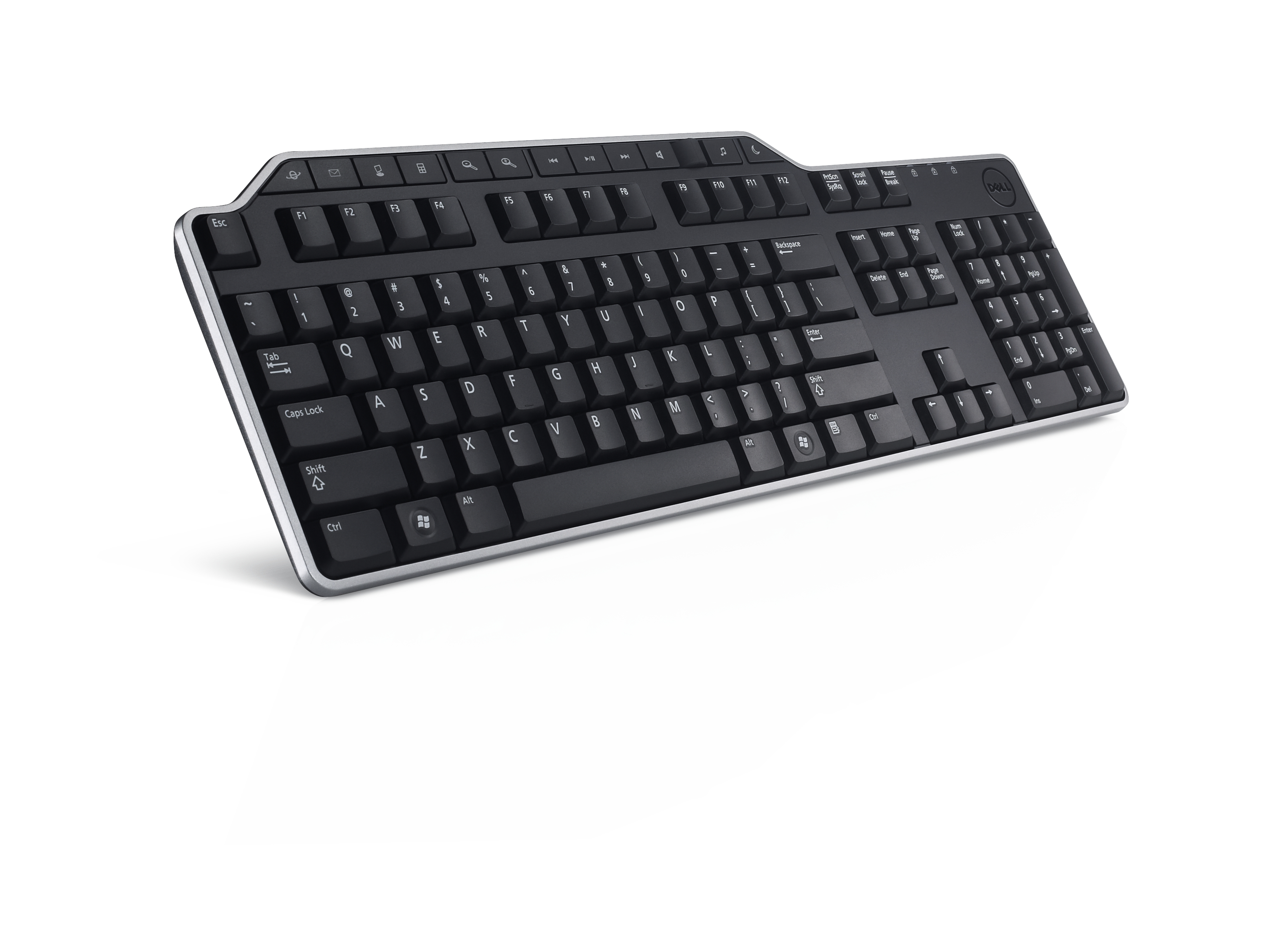 Schwarze Dell-Tastatur auf weißem Hintergrund. Sie hat Tasten mit Buchstaben, Zahlen und Symbolen. Silberne Verkleidung.