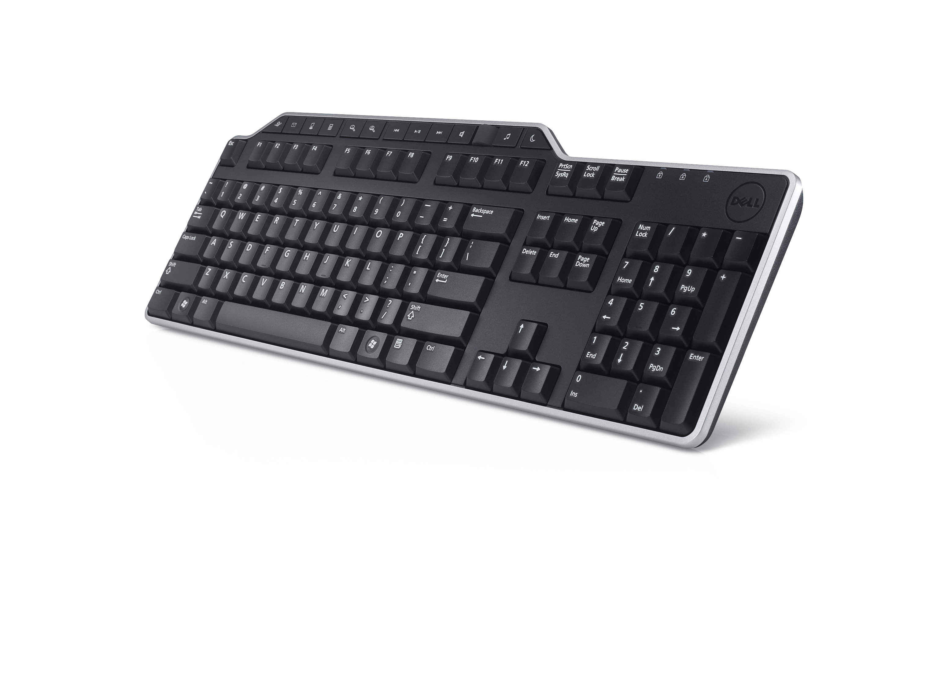 Schwarze Dell-Tastatur auf weißer Oberfläche. Tasten sind beschriftet. Silberne Zierleiste umrandet die Tastatur.