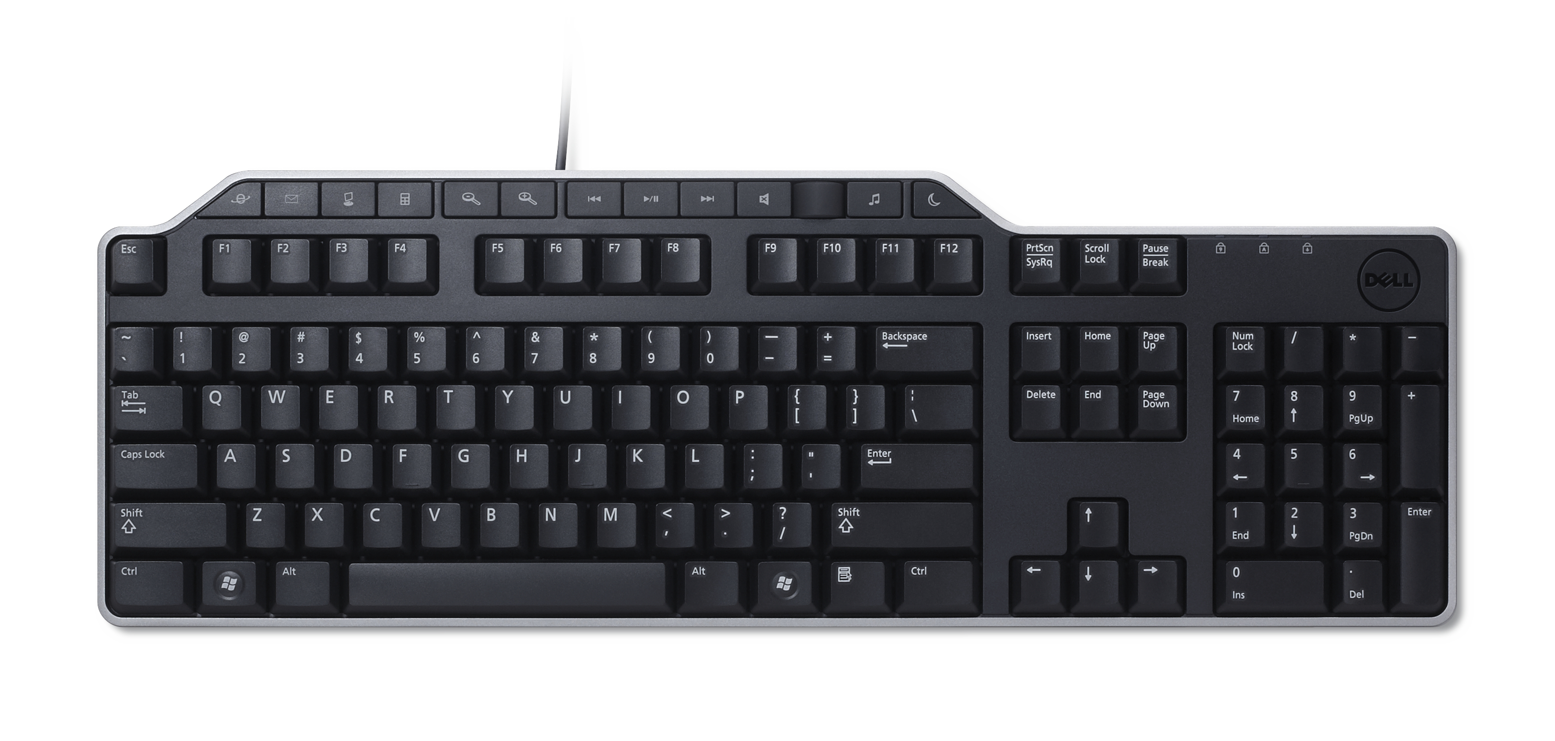 Eine schwarze Dell-Tastatur mit weißer Beschriftung. Sie hat Funktionstasten, einen Nummernblock und eine Windows-Taste.