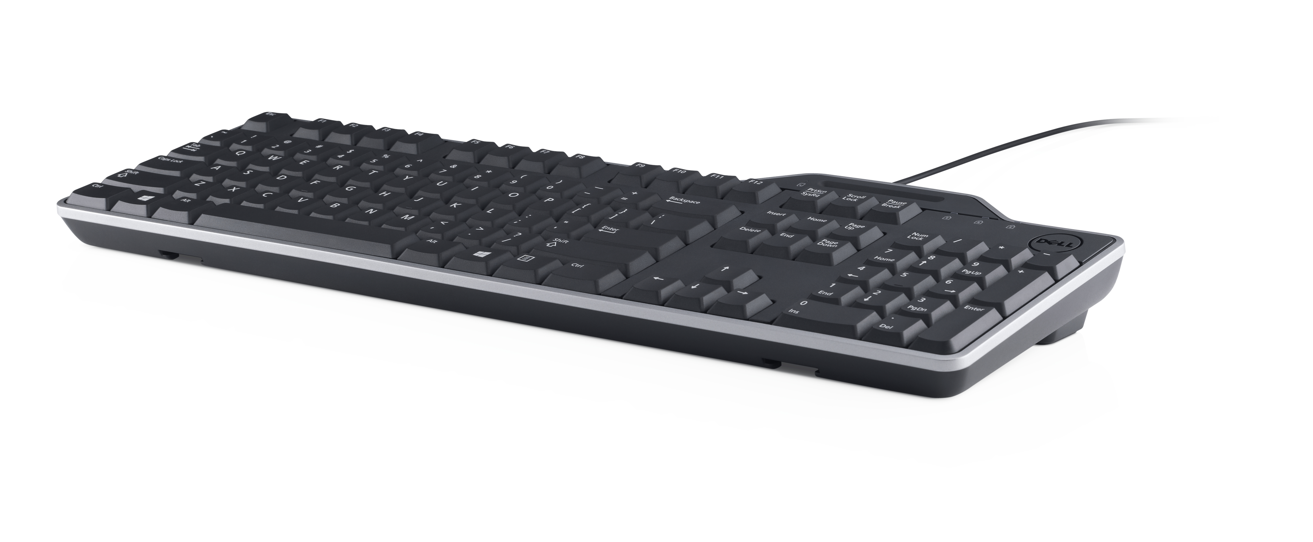 Eine Dell-Tastatur wird gezeigt. Sie ist schwarz mit silberner Umrandung und hat Standardtasten. Ein Kabel geht von oben rechts ab.
