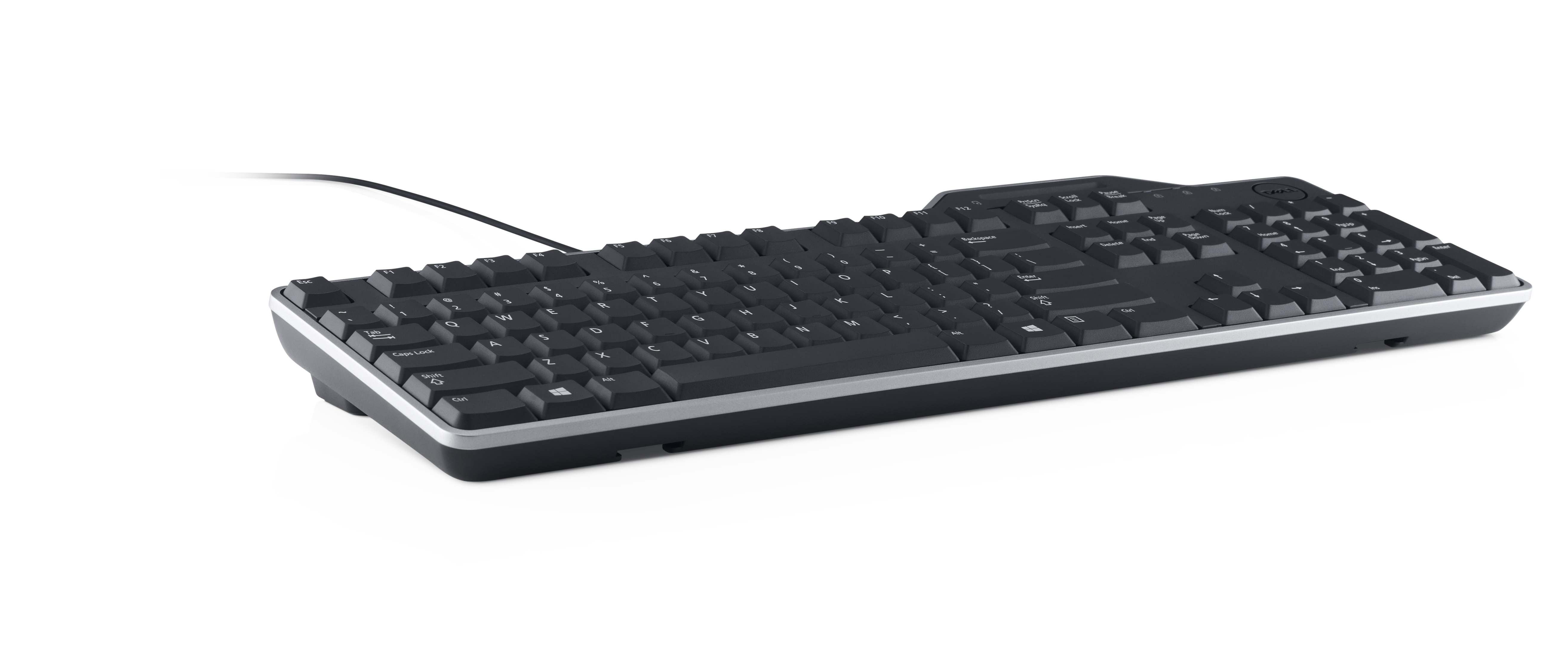 Eine schwarze Dell-Tastatur auf weißem Untergrund. Die Tastatur hat schwarze Tasten mit weißen Buchstaben und Zahlen. Ein Kabel geht davon aus.