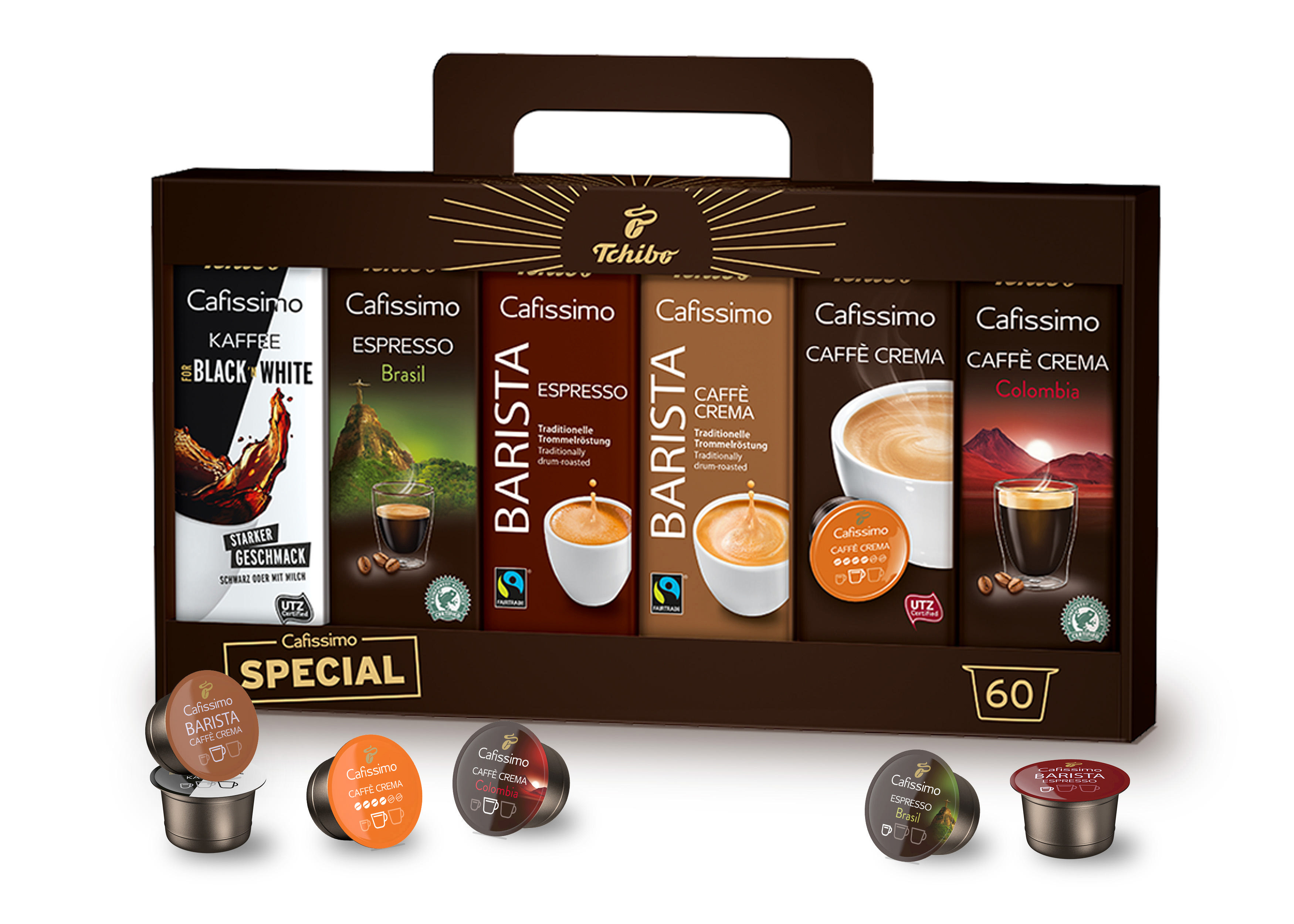 TCHIBO CAFISSIMO Kapsel-Vielfalts-Pack (Espresso, Filterkaffee und 60 Caffè Kaffeekapseln Crema) Braun