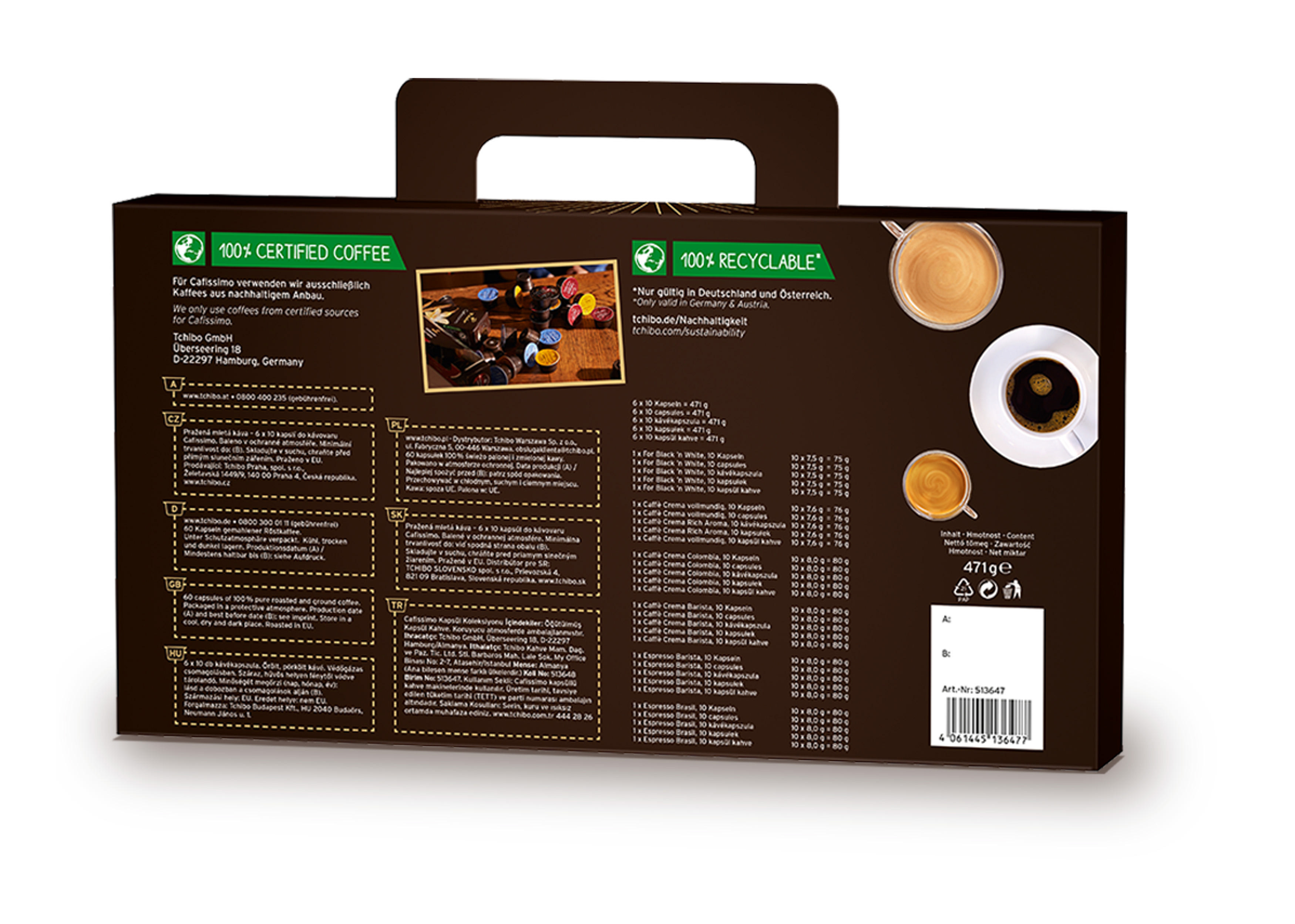 TCHIBO Kapsel-Vielfalts-Pack (Espresso, Filterkaffee und Caffè Crema) 60 Kaffeekapseln Braun