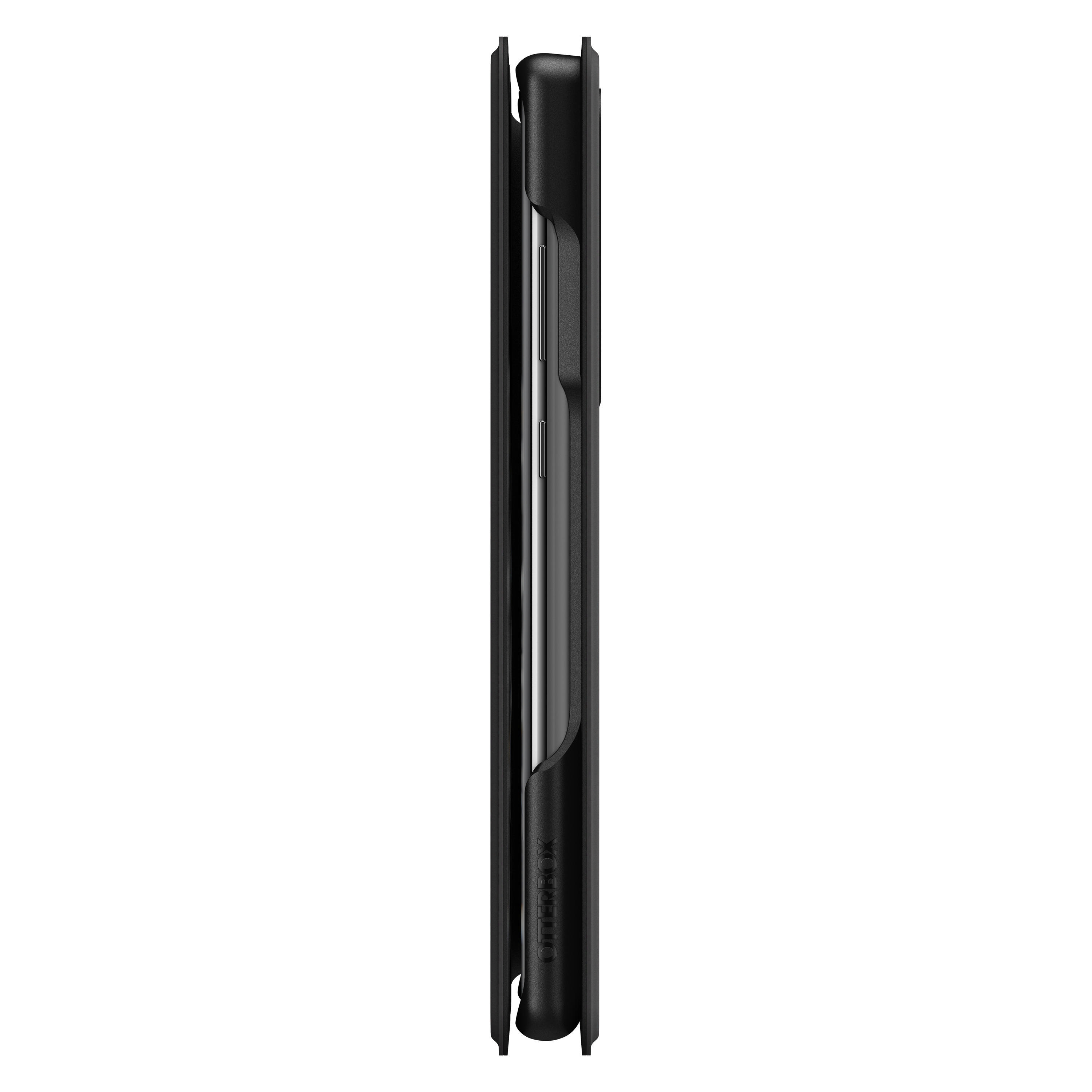 Schwarze Handyhülle mit Telefon darin, von der Seite betrachtet.