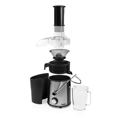 Een explosie-aanzicht van een zilveren en zwarte juicer, met onderdelen op een witte achtergrond.