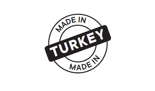 Dairesel bir tasarımda siyah beyaz 'MADE IN TURKEY' damgası.