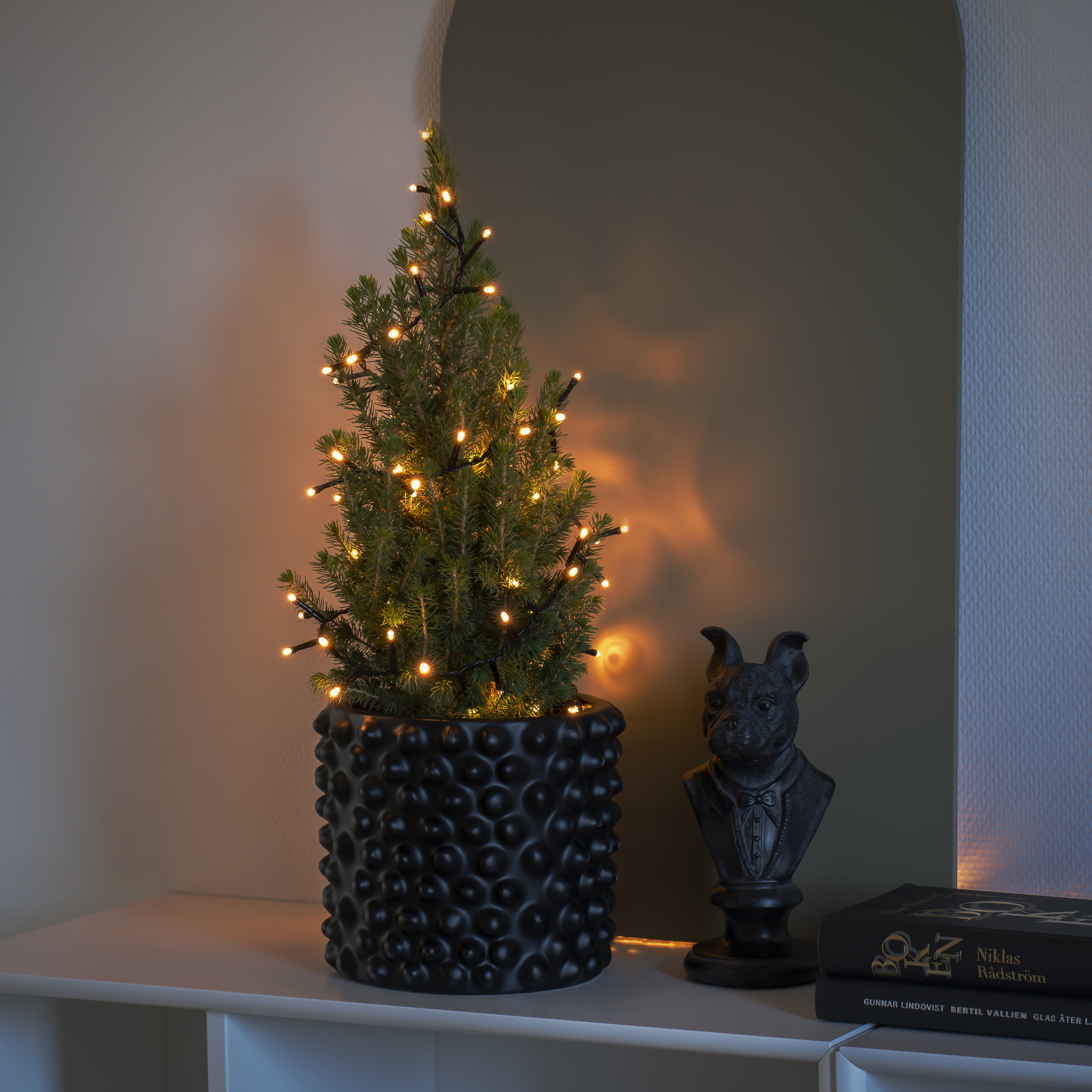 Ein kleiner Weihnachtsbaum mit Lichtern, in einem schwarzen Topf, neben einer Hundestatue.