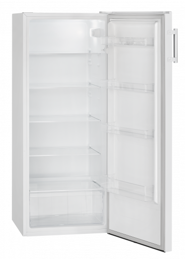 Weißer Kühlschrank mit offener Tür. Regale und Schubladen sind sichtbar.