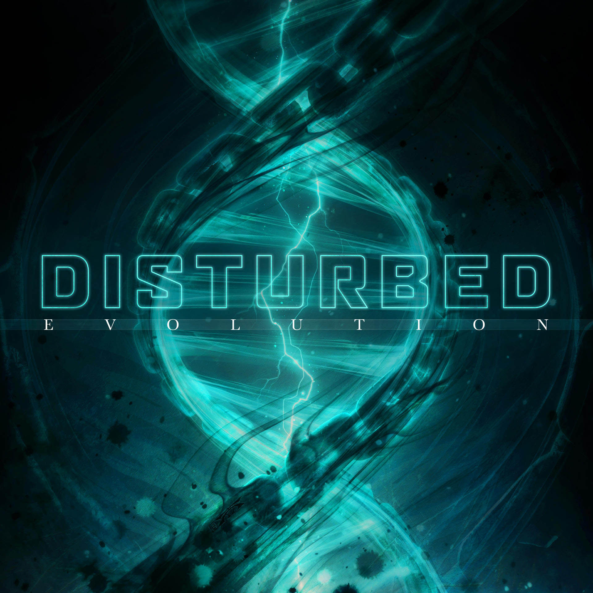 Albumcover: Disturbed-Bandname, türkise DNA-Helix und das Wort Evolution.