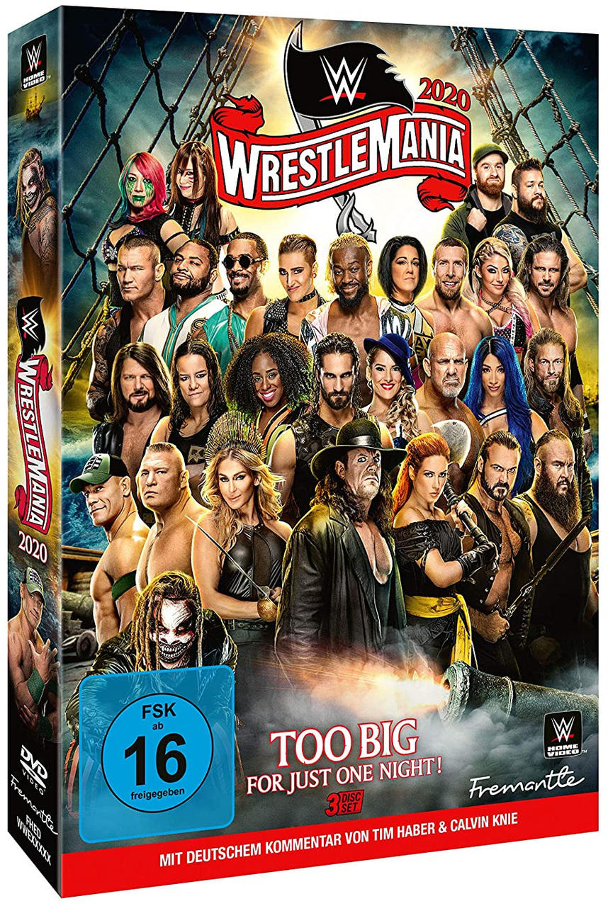 WWE WrestleMania 2020 DVD-Cover mit einer Menge Wrestler.