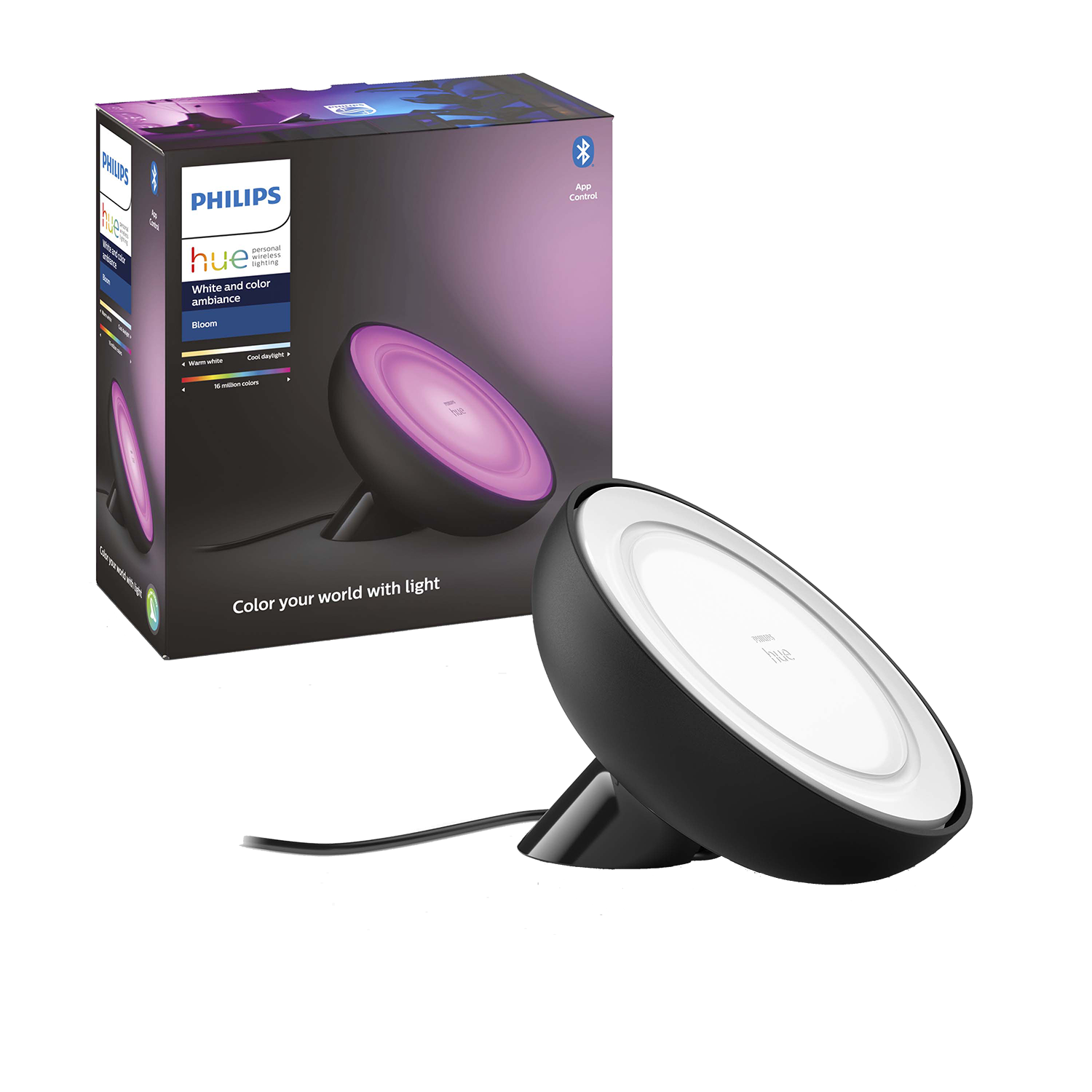 Een Philips Hue Bloom lamp en de doos. De lamp is zwart met gekleurd licht, de doos is wit en paars.